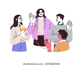 Comunicación, habilidades de redes sociales. Líder construyendo conexiones, comunidad, difundiendo Enlaces, haciendo amigos, socios. Concepto de relaciones públicas. Ilustración vectorial plana aislada sobre fondo blanco