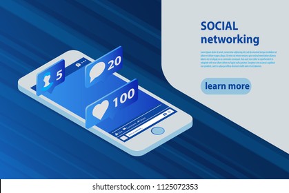 Communication in social networks. Image of mobile phone with message icons, likes and subscribers. 3d isometric design. Smartphone social media network concept, comments, like icons