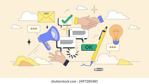 Communication and soft skills for effective conversation tiny person neubrutalism concept. Talk, write and communicate with confidence and efficiency for business deal success vector illustration.