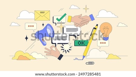 Communication and soft skills for effective conversation tiny person neubrutalism concept. Talk, write and communicate with confidence and efficiency for business deal success vector illustration.