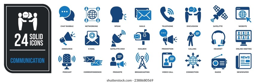 Communication solid icons collection. Containing speak, mail, contact, message etc icons. For website marketing design, logo, app, template, ui, etc. Vector illustration.