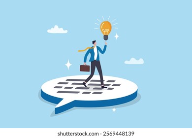 Communication to solve problem, meeting or conversation to success, efficient communicate, important speech or sharing opinion, feedback or discussion concept, businessman on speech bubble with idea.