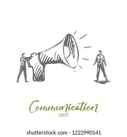 Communication, speaker, megaphone, announcement concept. Hand drawn person with big megaphone concept sketch. Isolated vector illustration.