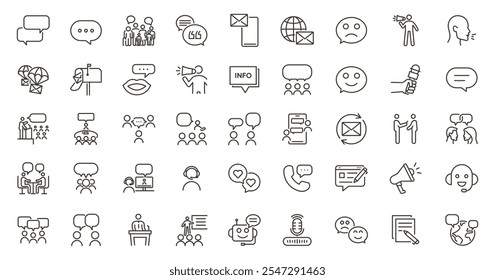 Communication, speaking and talking vector editable thin line icon set. People interacting, speech bubbles, social interactions, collaboration and multiple communicating methods