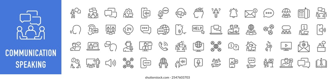 Communication and speaking web icons in line style. Chat, speech bubble, talking, point, chat, support, message, phone, globe, call, info collection. Vector illustration.