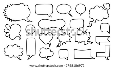 Communication speech bubble icon collection in flat line style featuring thoughts, dialogue, shouts, conversation, and text