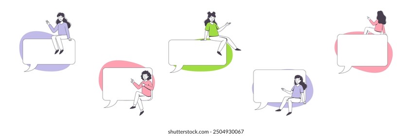 Communication Speech Bubble with People Character Sitting on It Vector Set