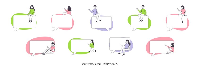 Comunicación Burbuja del discurso con el carácter de las Personas que se sienta en el sistema de Vector