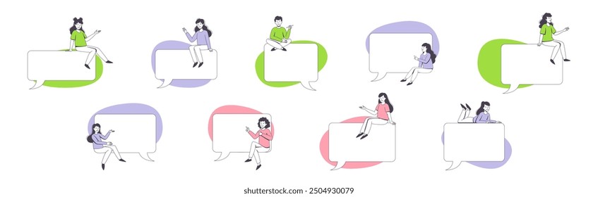 Communication Speech Bubble with People Character Sitting on It Vector Set