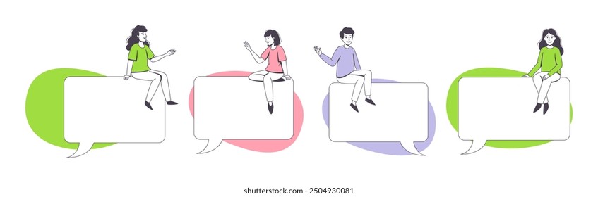 Communication Speech Bubble with People Character Sitting on It Vector Set
