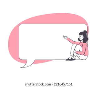 Communication Speech Bubble with Woman Character Sitting Near It Vector Illustration