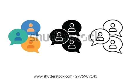 Communication speech bubbles featuring user profile icons in colorful flat silhouette and line art styles. Multiple versions for social media and group chat design.