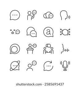 Communication and Speech, linear style icon set. Messaging, dialogue, voice interaction, and public speaking. Conversations, feedback loops, and international communication. Editable stroke width