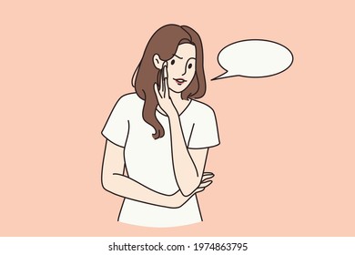 Communication, speech, speaking concept. Young positive woman cartoon character standing talking with somebody with bubble speech nearby over pink background vector illustration 