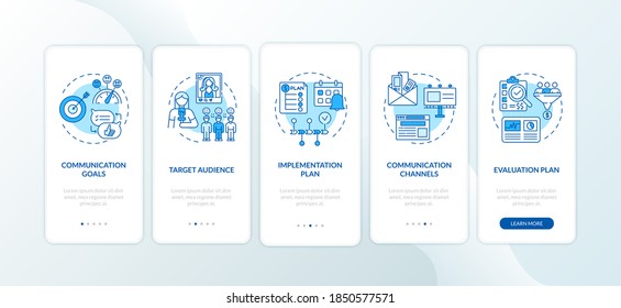 Communication strategy components onboarding mobile app page screen with concepts. Communication group walkthrough 5 steps graphic instructions. UI vector template with RGB color illustrations
