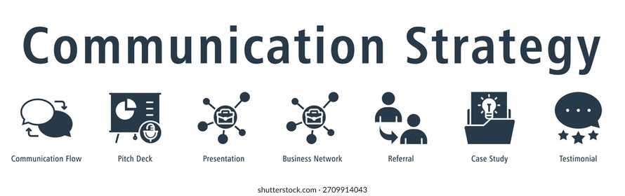 Estratégia de comunicação web banner ícone vetor ilustração conceito com ícone de fluxo de comunicação, apresentação, rede de negócios, referência, estudo de caso, e depoimento.