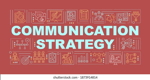 Communication strategy word concepts banner. Working team. Company management. Infographics with linear icons on dark red background. Isolated typography. Vector outline RGB color illustration