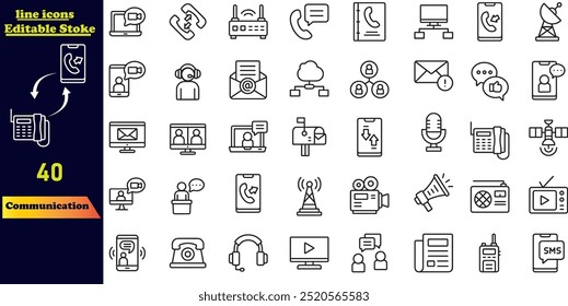 Colección de iconos de trazo de comunicación, con iconos para discusiones, burbujas de discurso, conversaciones, consultas y conversaciones. Iconos de contorno editables.