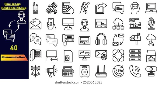 Coleção de ícones de traçado de comunicação, apresentando ícones para discussões, balões de fala, conversas, consultas e conversas. Ícones de estrutura de tópicos editáveis.