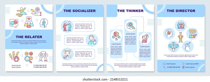 Communication styles blue brochure template. Relater and thinker. Leaflet design with linear icons. 4 vector layouts for presentation, annual reports. Arial-Black, Myriad Pro-Regular fonts used