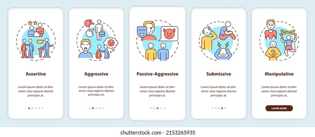 Communication styles onboarding mobile app screen. Assertive, aggressive walkthrough 5 steps graphic instructions pages with linear concepts. UI, UX, GUI template. Myriad Pro-Bold, Regular fonts used