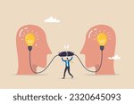 Communication for success, connect idea or understanding, agreement or solving problem together, cooperation or collaboration concept, businessman connect to bright up lightbulb idea on human head.