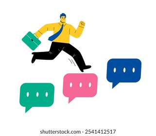 Communication to support concept. Business man jumping on suggestion speech bubble. Flat vector illustration isolated on white background
