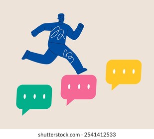 Communication to support concept. Man jumping on suggestion speech bubble. Colorful vector illustration
