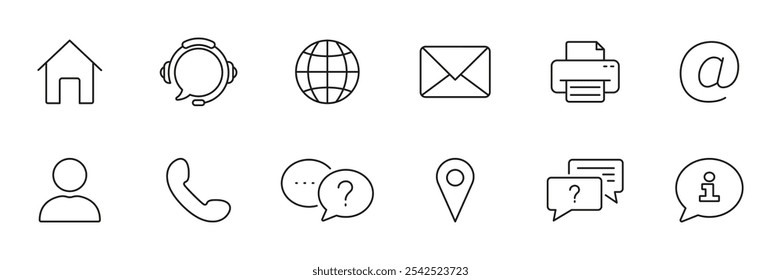 Communication, Support, and Contact Services Line Icon Set. Email, Phone, and Location Outline Symbol Collection. Editable Stroke. Isolated Vector Illustration.