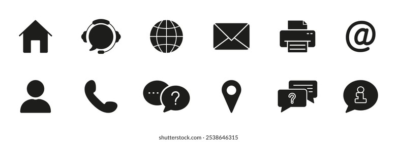 Communication, Support, and Contact Services Silhouette Icon Set. Email, Phone, and Location Glyph Symbol Collection. Isolated Vector Illustration.