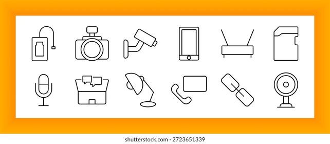 Icono de conjunto de comunicación y vigilancia. Incluye micrófonos, cámaras, enrutadores, teléfonos, lámparas, carpetas, Enlaces y dispositivos de conexión para grabar y monitorear visualmente