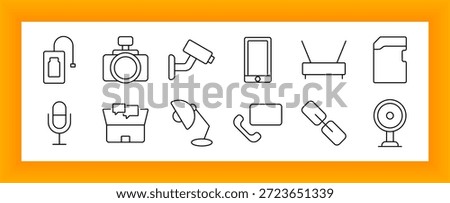 Communication and surveillance set icon. Includes microphones, cameras, routers, phones, lamps, folder, link, and connection devices for recording and visual monitoring