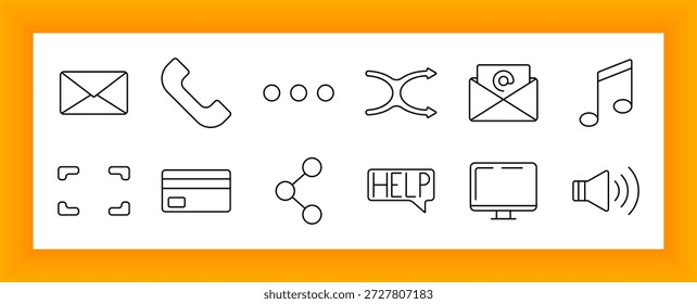 Communication symbol set icon. Mail, phone, chat, shuffle, email, music, credit card, help bubble, monitor, volume, and share lines drawn to reflect messaging, support, and digital tools.