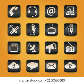 communication symbols on black buttons on yellow background