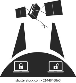 Communication systems between planets in space. Flat black icon. Vector illustration isolated on a white background.