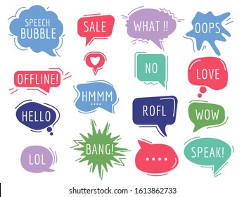 Communication tags. Cartoon speech bubbles with humor phrase text sound handdrawn vector balloons