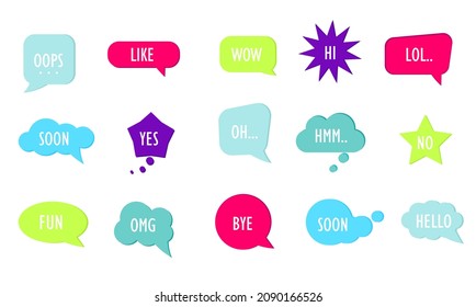 Communication tags. Cartoon speech bubbles with humor phrase text sound handdrawn balloons
