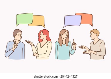 Communication, talking, chatting and discussion concept. Young people women and men standing talking with speech bubbles over feeling cheerful vector illustration 