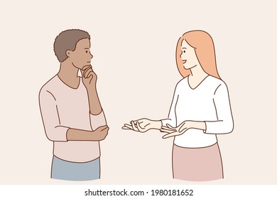 Communication and talking concept. Young couple of mixed race woman and man standing and talking discussing things chatting about problems communicating vector illustration 