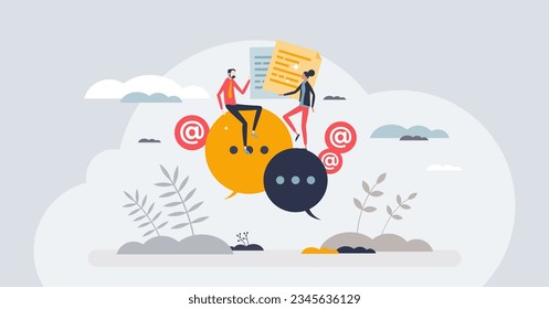 Communication, talking, writing and social conversation tiny person concept. Mutual interaction with information exchange and foreign language learning vector illustration. Contact with chat messages