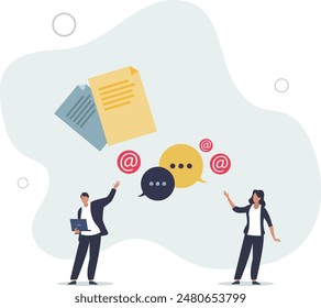 Comunicación, conversación, escritura y conversación social. Interacción mutua con intercambio de información y aprendizaje de idiomas extranjeros. Ilustración plana.