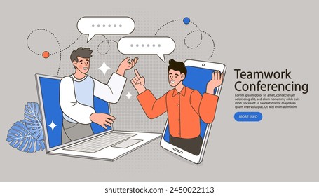 Communication with the team via video online. employee talk on video call with diverse colleagues. Teams joining via laptop. Video conference and online meeting workspace concept vector illustration.