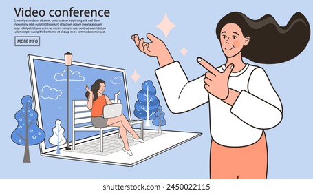 Communication with the team via video online. employee talk on video call with diverse colleagues. Teams joining via laptop. Video conference and online meeting workspace concept vector illustration.