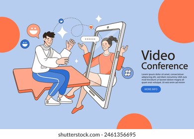 Communication with the team via video online. employee talk on video call with diverse colleagues. Teams joining via laptop. Video conference and online meeting workspace concept vector illustration.