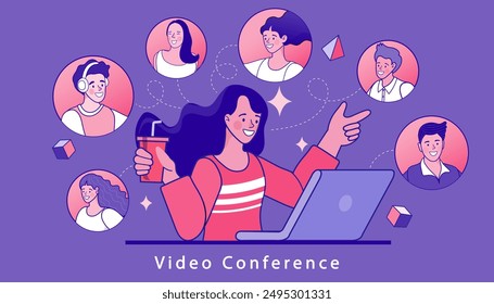 Communication with the team via video online. employee talk on video call with diverse colleagues. Teams joining via laptop. Video conference and online meeting workspace concept vector illustration.