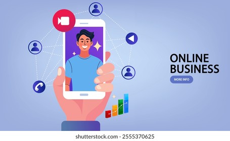 Communication with the team via video online. employee talk on video call with diverse colleagues. Teams joining via laptop. Video conference and online meeting workspace concept vector illustration.