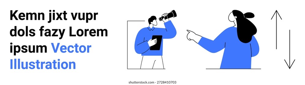 Comunicação, trabalho em equipe, exploração, tomada de decisão, colaboração, orientação profissional. Uma pessoa olha através de binóculos enquanto outro gesto. Conceito de comunicação e exploração