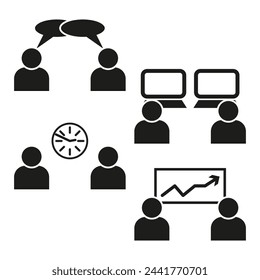 Kommunikations- und Teamwork-Symbole gesetzt. Diskussions- und Dialogsymbole. Zeitmanagement und Statusdiagrammzeichen. Vektorgrafik. EPS 10.