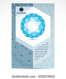 Communication technologies business corporative flyer template. Graphic vector illustration. Tech abstract blue shape, polygonal figure.