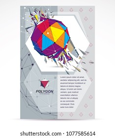 Communication technologies business corporative flyer template. Graphic vector illustration. Abstract bright demolished geometric form, 3d shape with splinters and refractions.